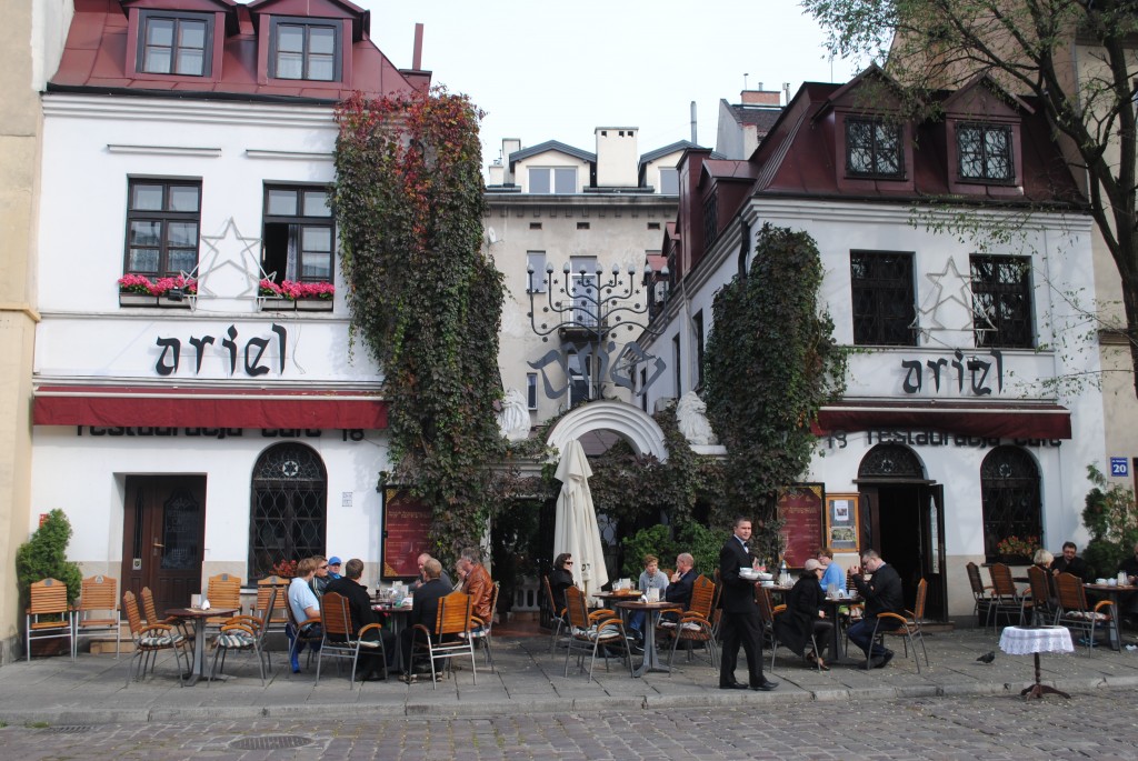 One of the Jewish restaurants in Kazimierz. Musicians often play Jewish music on the restaurant patios.