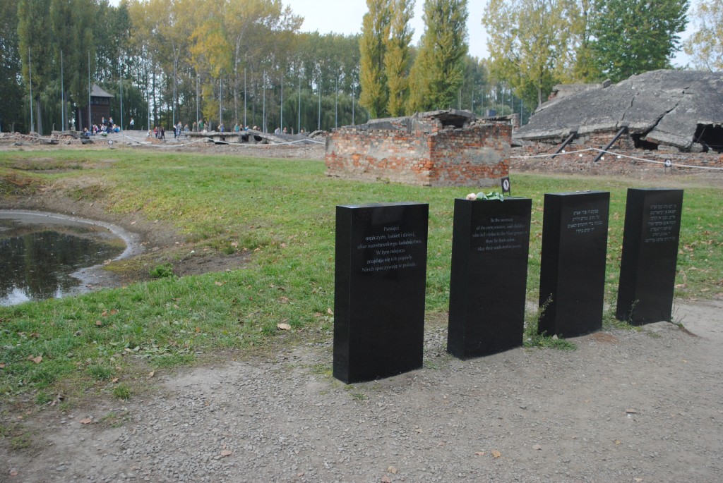 Memorial to those that were killed here. To the right behind the memorial is one of the destroyed gas chambers/crematoria. The pool to the left is where most of the ashes were disposed.