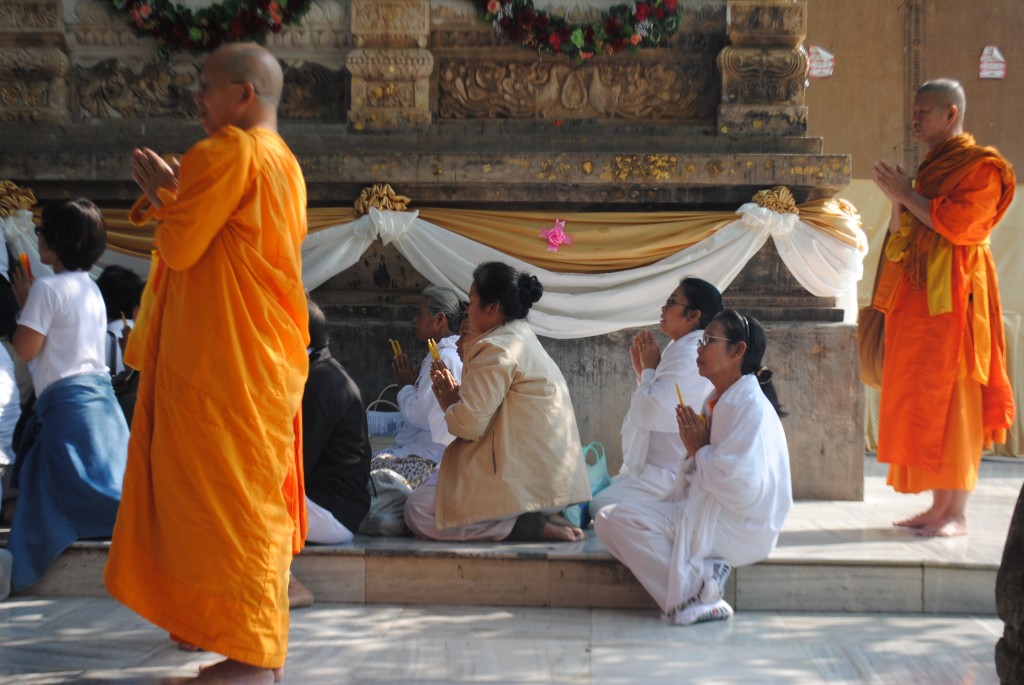 Various Buddhist groups and monks pray in front of the Bodhi tree.