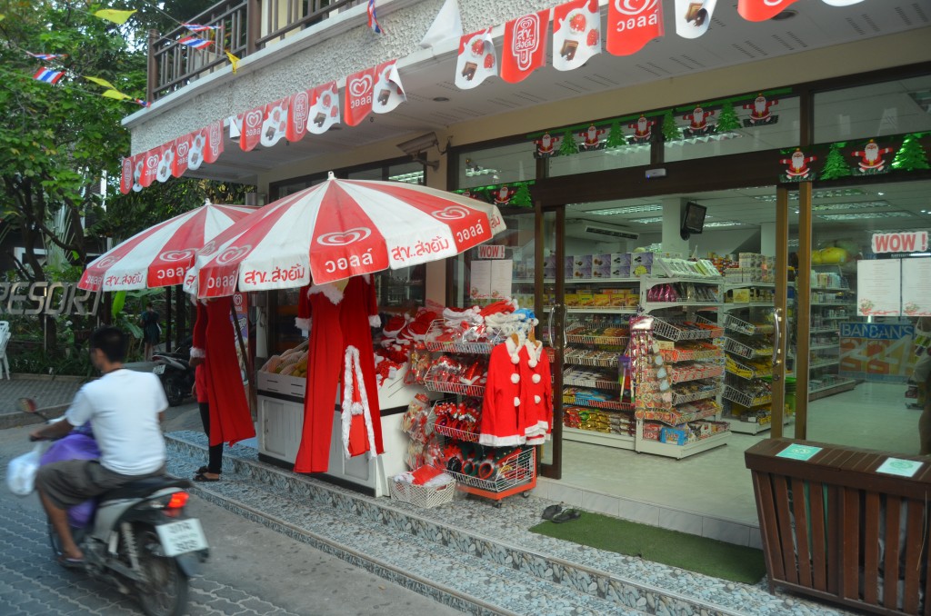 Typical stall on Koh Tao around Christmas time selling kitschy Christmas apparel.