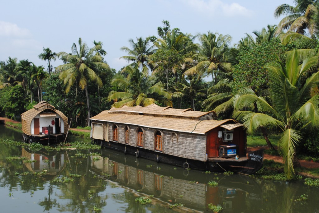 I love the way Kerala houseboats look on the river with the palm trees behind the.