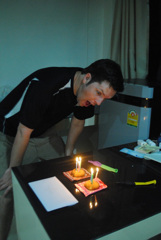 Brian blowing out his birthday candles.